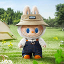 LABUBU Fall in Wild doll displayed on collector's shelf | Kawaii outdoor explorer figure with farmer hat | Rare vinyl plush gift for nature-themed collections

